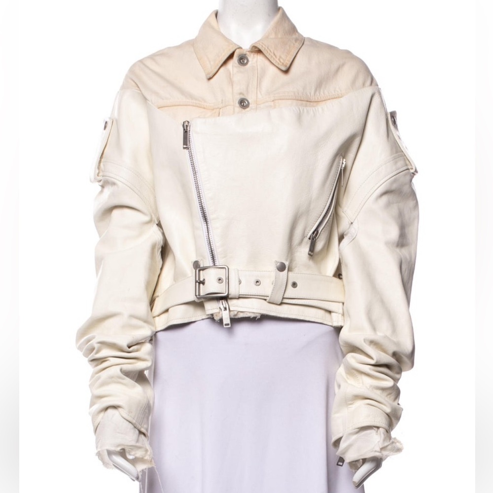 Unravel Project Ivory Cropped Leather Moto Jacket with Belt